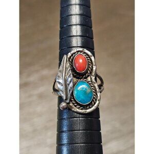 Vintage Sterling Silver Ring With Blue Turquoise Red Coral Stones Feather Size 7